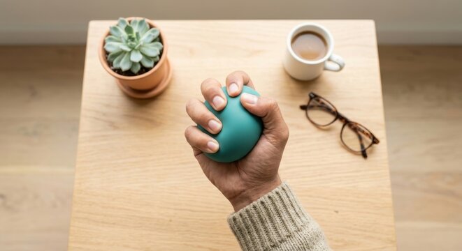 Close-up of person hand squeezing a teal stress ball for anxiety relief at a wooden desk with coffee, eyeglasses, and succulent plant, focusing on mental health and stress management at work.
