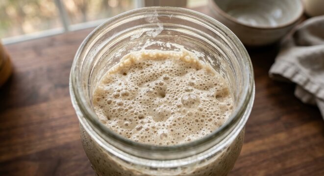 Close up of active sourdough starter with fermentation bubbles in a glass jar on a rustic wooden table, perfect for organic homemade bread baking and artisan pastry preparation at home.