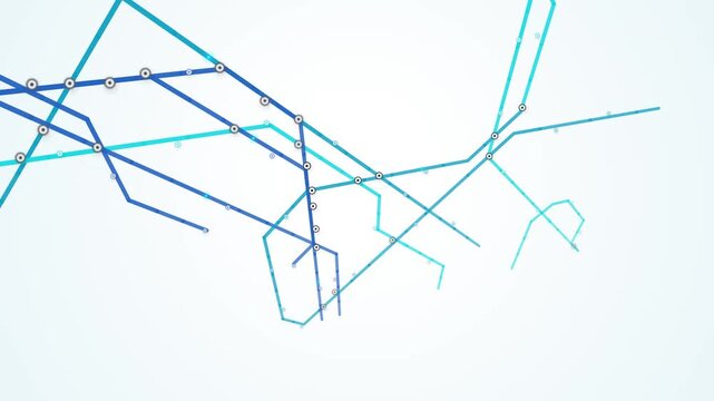 Abstract subway map with interconnected blue and teal lines and circular stations on a light blue gradient background