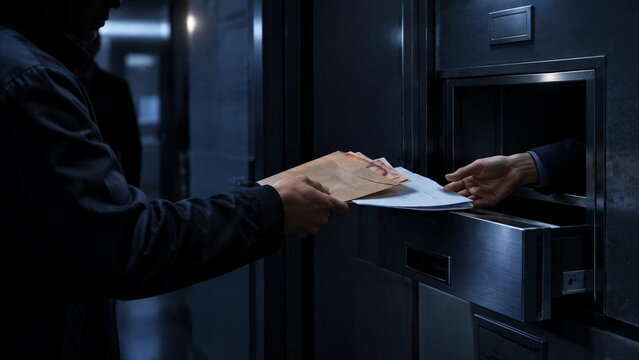 Mysterious Transaction: A gloved hand emerges from a secure slot, accepting a document from another hand, shrouded in an atmosphere of secrecy and intrigue.