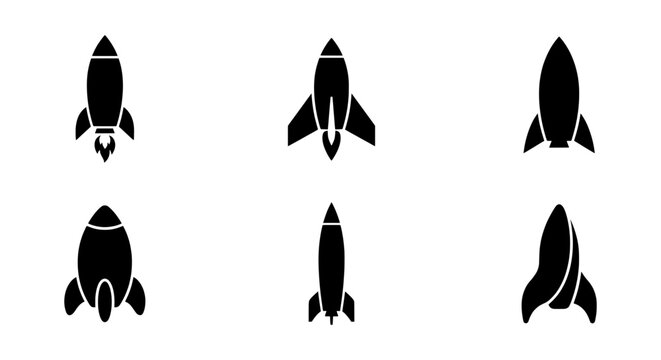 Rocket ship silhouettes set with various designs for space exploration and travel logos