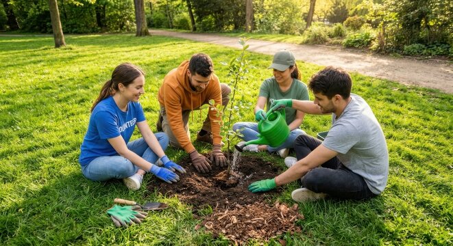 Group of diverse young volunteers planting a new tree in a sunny public park, working together for environmental conservation, reforestation, and sustainable community ecology project.