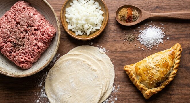 Ingredients for homemade meat pies or empanadas with raw ground beef, chopped onions, spices, salt, and dough rounds arranged on a rustic wooden table next to a finished golden baked pastry.