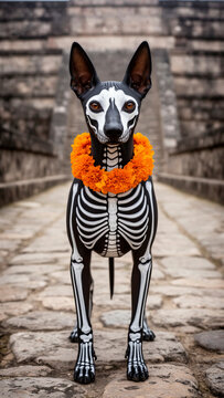 xoloitzcuintle, perro mexicano, perro sin pelo, raza ancestral mexicana, perro prehisp&aacute;nico, D&iacute;a de Muertos, perro esqueleto, maquillaje de calavera, pintura corporal, disfraz de esqueleto, huesos bla