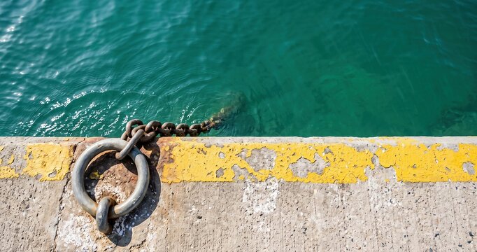 Rusty mooring ring and chain on concrete pier with peeling yellow paint beside turquoise sea water, maritime port concept