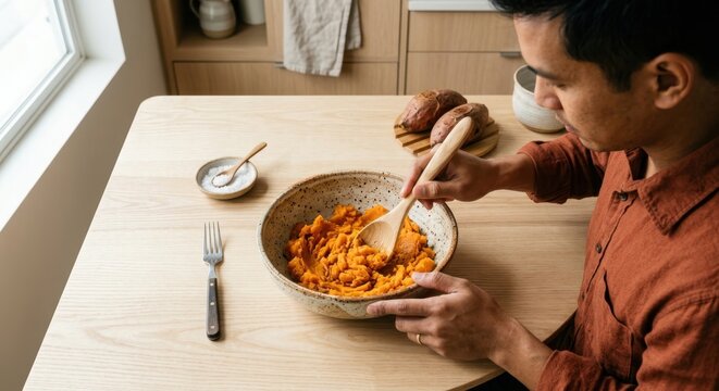Man mashing cooked orange sweet potatoes in a ceramic bowl with a wooden spoon on a wooden kitchen table, preparing a healthy meal with fresh organic yams in a bright minimalist home interior.