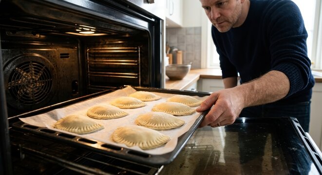 Middle aged man putting a tray of fresh homemade pastries or hand pies into a modern oven for baking in a cozy domestic kitchen, preparing a delicious meal at home, hobby baker concept.