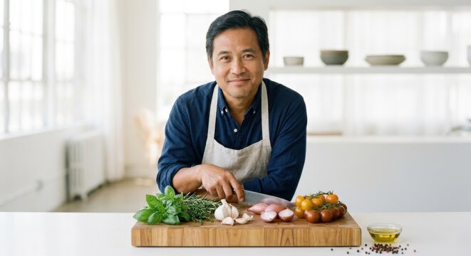 Portrait of a Smiling Mature Asian Man in an Apron Preparing Fresh Healthy Ingredients with a Knife on a Wooden Cutting Board in a Bright Modern Kitchen for a Healthy Culinary Lifestyle at Home