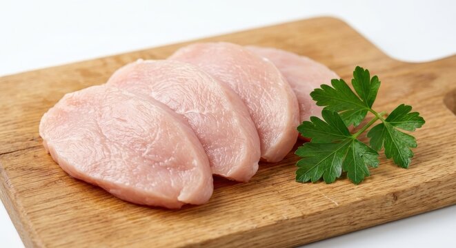 Slices of Fresh Raw Chicken Breast Fillet on a Wooden Cutting Board with Green Parsley Garnish, Healthy Protein-Rich Ingredient for Cooking and Nutrition Isolated on White Background.