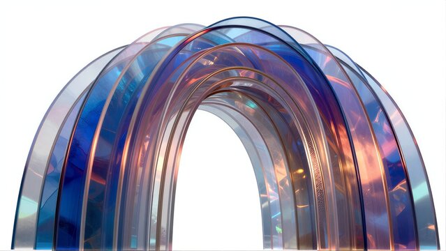 A close-up of curved, iridescent, translucent plastic or glass tubes forming an arch.