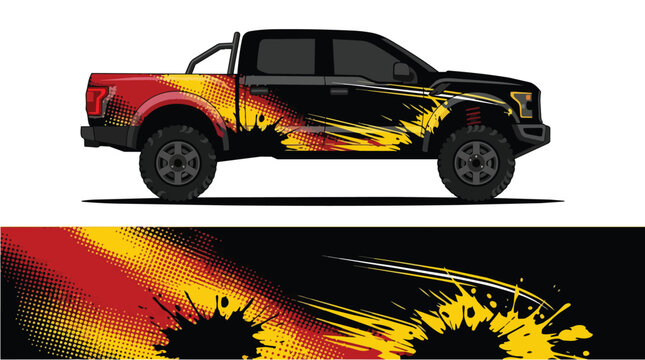 Car Wrap Design with Aggressive Explosion Style in Black Yellow and Red Decal