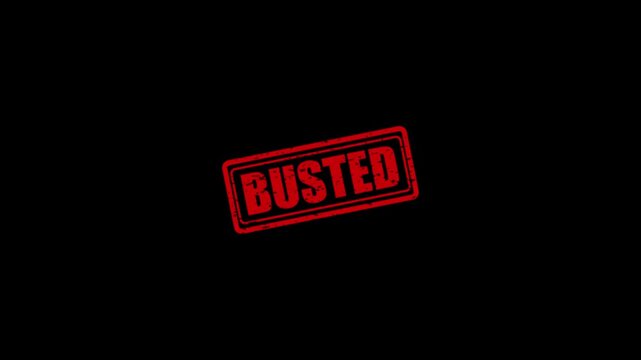 Red rubber stamp imprint with the word Busted on a solid black background