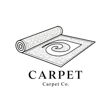 Hand-drawn illustration of a rolled carpet with a spiral design, representing carpet company logo or branding.