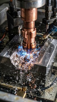 Copper Electrode Sinker EDM Sparking into Tool Steel in Hydrocarbon Dielectric Fluid