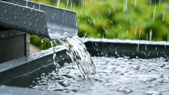 Heavy rain water flowing from a metal gutter into a collection tank.