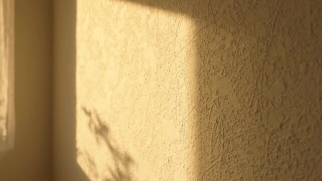 Warm sunlight casting soft plant shadows on a textured yellow wall.