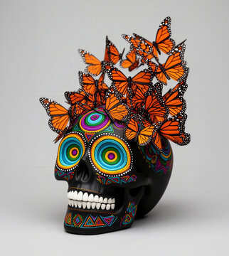 calavera mexicana, d&iacute;a de muertos, mariposa monarca, calavera negra, arte mexicano, cultura mexicana, mariposas naranjas, alas de mariposa, insectos voladores, naturaleza simb&oacute;lica, transformaci&oacute;n, re