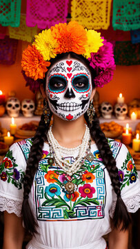 Catrina mexicana, Catrina tradicional, D&iacute;a de Muertos, maquillaje de calavera, maquillaje art&iacute;stico mexicano, calavera blanca, cuencas negras, contorno turquesa, corazones rojos, filigrana facial, mot