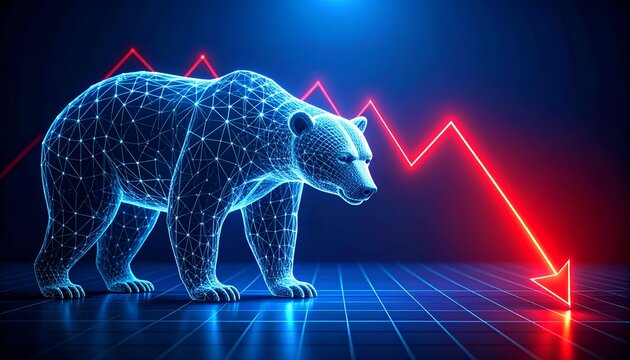 Glowing wireframe bear beside a descending red market chart, symbolizing a bearish market trend, falling stock prices, financial volatility, and investment risk.