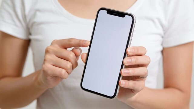 Pointing woman wearing white tee holding phone in studio, thin ring intending to tap blank screen