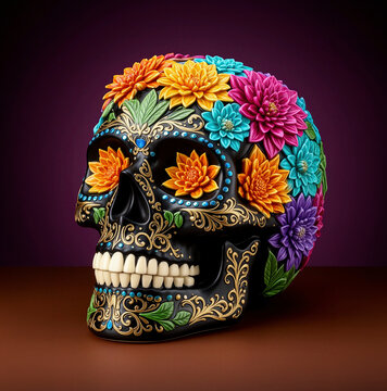 calavera mexicana, calavera de D&iacute;a de Muertos, cr&aacute;neo decorativo, arte mexicano, artesan&iacute;a mexicana, calavera negra, acabado negro brillante, filigrana dorada, grabados ornamentales, detalles en oro, 