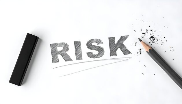 Risk management concept featuring the word risk underlined in pencil, with a black eraser, pencil, and scattered graphite fragments.