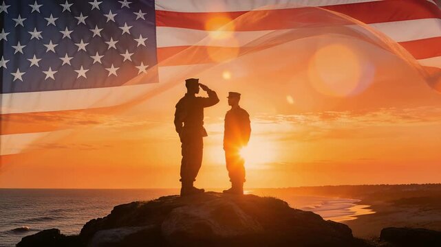 Stepping left soldier in uniform saluting on cliff at sunset, honoring flag overlay