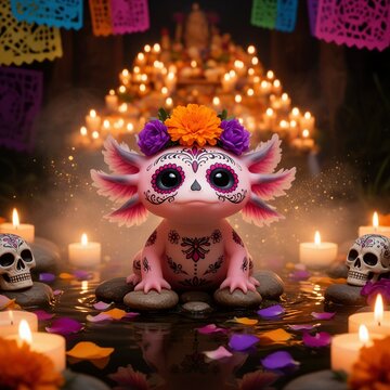 ajolote mexicano, axolote rosa, ajolote fant&aacute;stico, criatura adorable, anfibio m&aacute;gico, cultura mexicana, D&iacute;a de Muertos, tradici&oacute;n mexicana, Catrina, calavera mexicana, maquillaje de catrina, arte ins