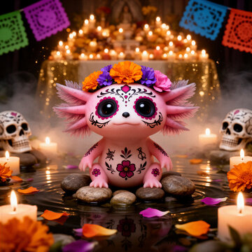 ajolote mexicano, axolote rosa, ajolote fant&aacute;stico, criatura adorable, anfibio m&aacute;gico, cultura mexicana, D&iacute;a de Muertos, tradici&oacute;n mexicana, Catrina, calavera mexicana, maquillaje de catrina, arte ins