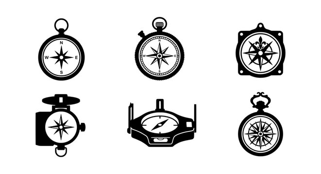 Compass silhouettes set with navigation tools for travel and direction, logo and icon