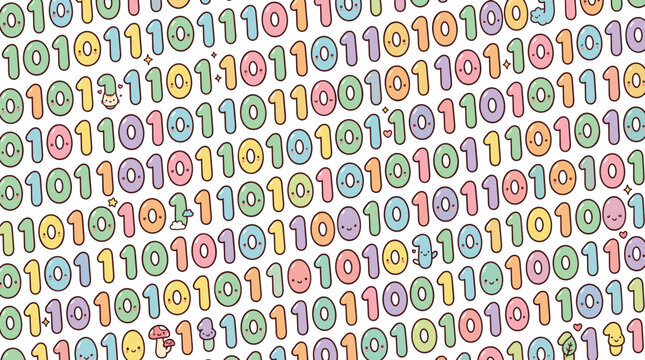 Kawaii binary code seamless pattern with pastel colored numbers