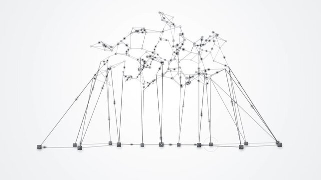 Abstract network structure with nodes and lines evolving over three frames showing growth and complexity on a clean white background