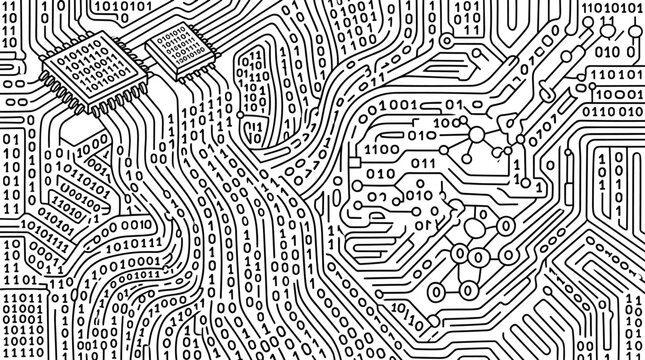 Digital circuit board pattern with binary code and microchip icons