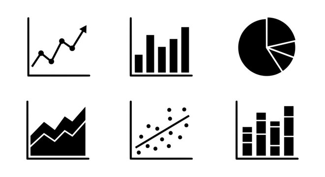Graph and chart silhouettes set with line, bar, pie and scatter plots for data analysis and finance