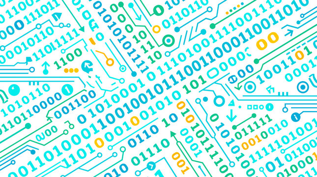 Binary code and circuit board pattern flowing on white background