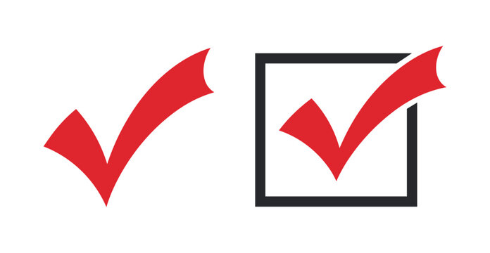 Checkmark icons. Red tick symbol and checked box. Confirming option and task completion. Red checkmark in a square. Confirmation symbol