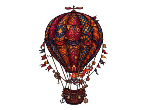 Intricate steampunk hot air balloon illustration on transparent background
