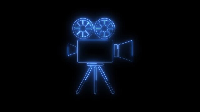 Glowing blue neon style retro movie camera icon on dark background