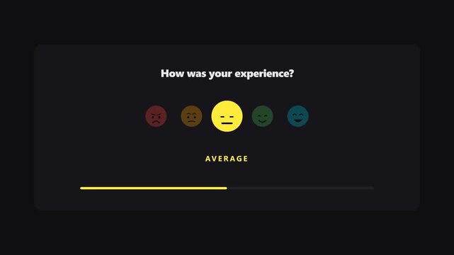 Customer feedback interface displays a yellow neutral emoticon rating on a dark user interface screen.
