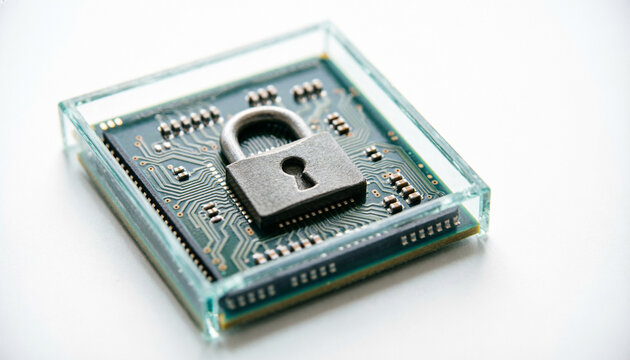 Computer processor microchip with a security padlock symbol inside a glass block