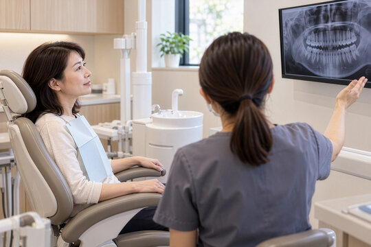 Dentist explaining a dental X-ray on a monitor to a patient in a quiet everyday moment
