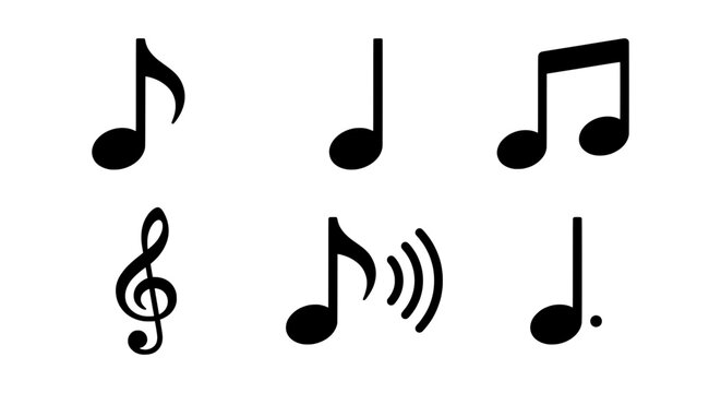 Musical notes silhouettes set with treble clef, eighth notes and sound waves for music and audio themes