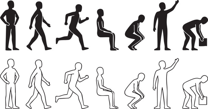 Human figure silhouettes depict various poses on a white background.
