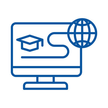 Blue computer monitor icon with graduation cap and globe for online education and global learning concept transparent background