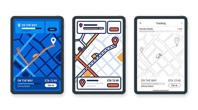 Delivery tracking mobile app interface set with map navigation and