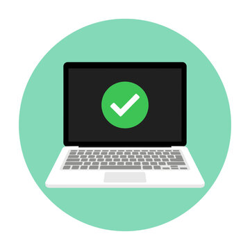 Laptop computer with green checkmark on screen in circle