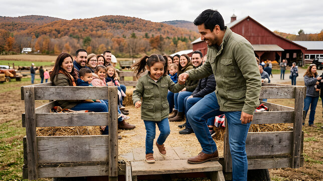 Father helping young daughter step off hay wagon during family farm visit in autumn