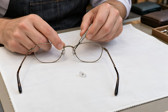 Optician tightening a nose pad on metal eyeglasses at a workbench