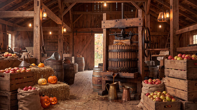 Wooden apple cider press in a rustic barn with pumpkins with operates inside rustic