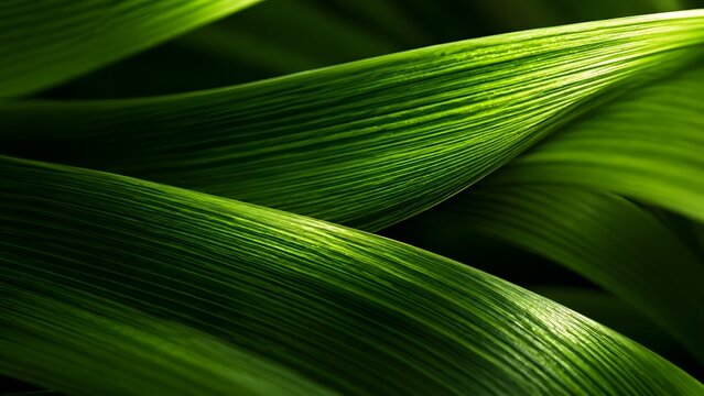 Close-up of overlapping glossy green leaves with fine parallel veins and light highlights, natural abstract background texture